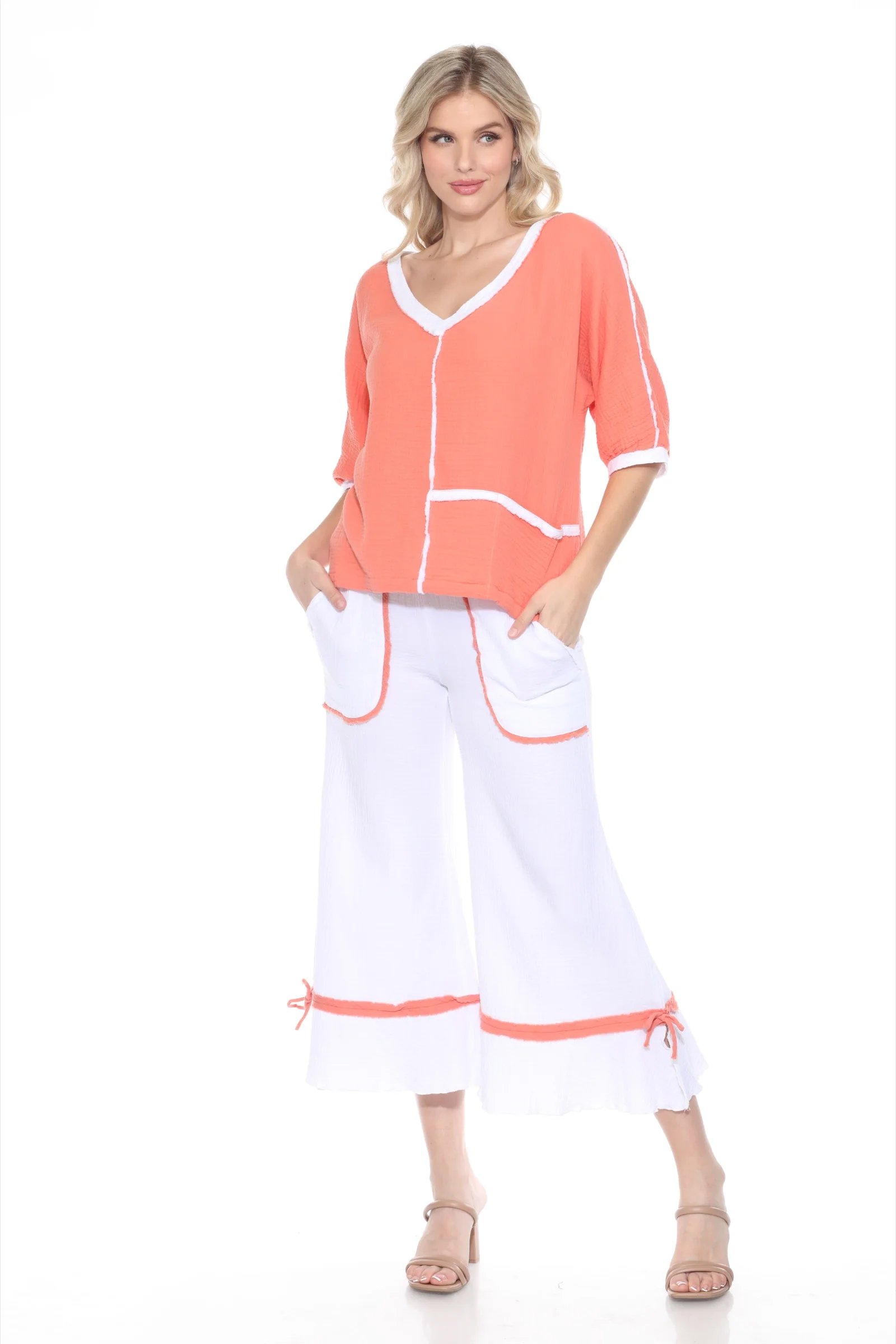 Cotton Patchwork Dolman Top Matching Set - Orange